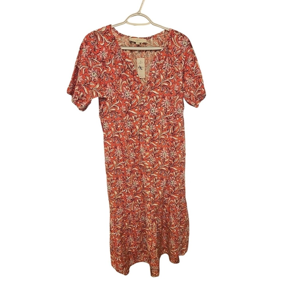 LOFT Coral Red Floral V-Neck Tiered Midi Dress Short Puff Sleeve NWT Size S